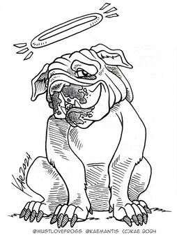 A hand drawn illustration of a smiling, cartoonish English Bulldog with a halo. It is in black and white, inked, with crosshatched shadows.