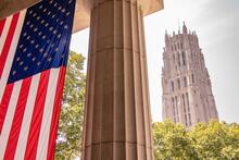 View of Riverside Church from Grant’s Tomb, New York City, with American flag