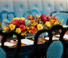 flower arrangement on a dinner table